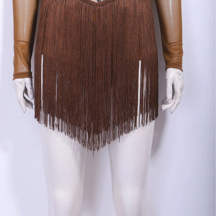 Leopard Rhinestone Fringe Latin Dance Bodysuit Mesh Long Sleeve Stage Performance Dress