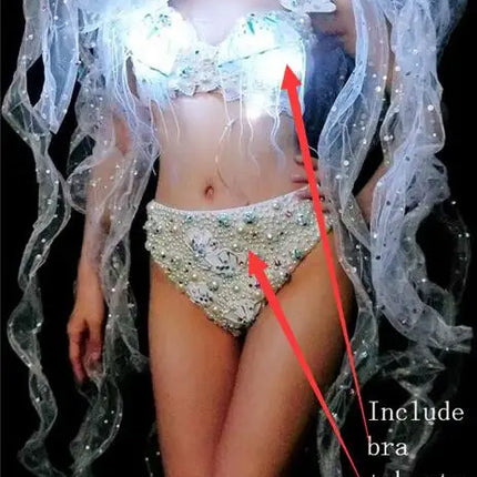 Pearl & Crystal Bustier Bikini Set & LED Illuminated Jellyfish Tentacle Headdress Stage Costume