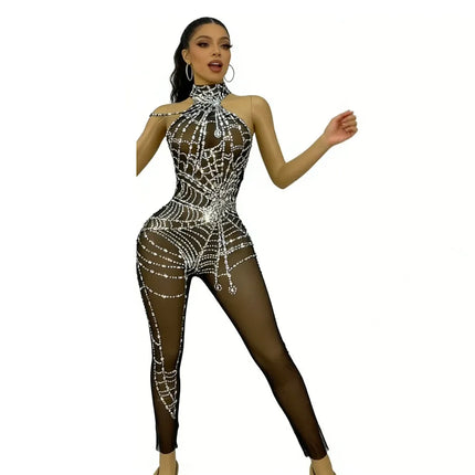 Black Mesh Rhinestones Jumpsuit Women Singer Nightclub Bar Concert Performance Transparent Rompers Stage Costume