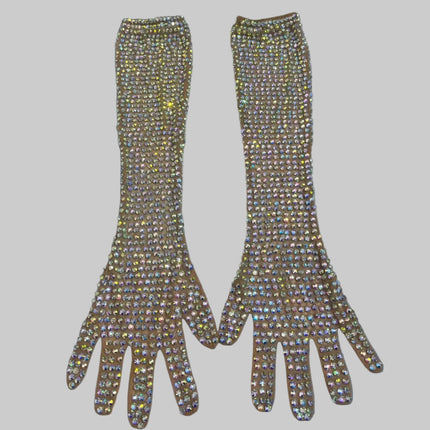 AB Rhinestone Sheer Mesh Long Opera Gloves Stage Performance Costume Accessory