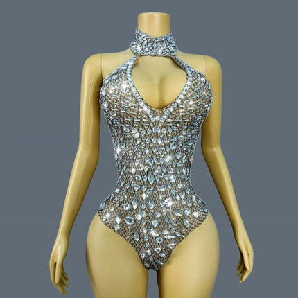 Sparkly Silver Rhinestone Halter Stage Bodysuit Leotard Costume Piece