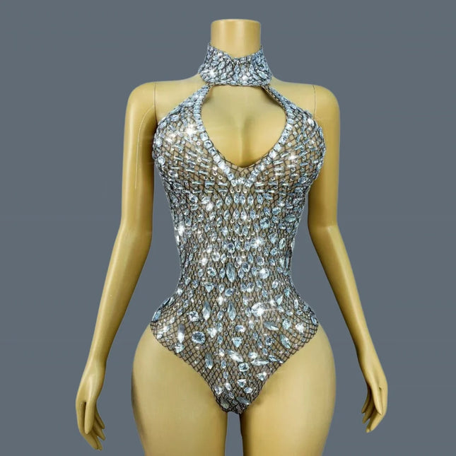 Sparkly Silver Rhinestone Halter Stage Bodysuit Leotard Costume Piece