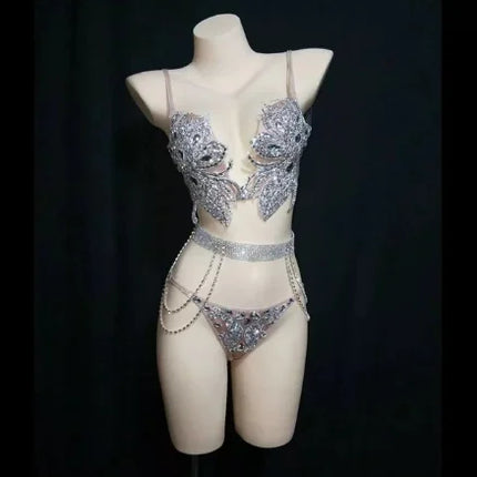 Sparkly Crystal Rhinestone Diamond Bra & Bikini Set Stage Costume