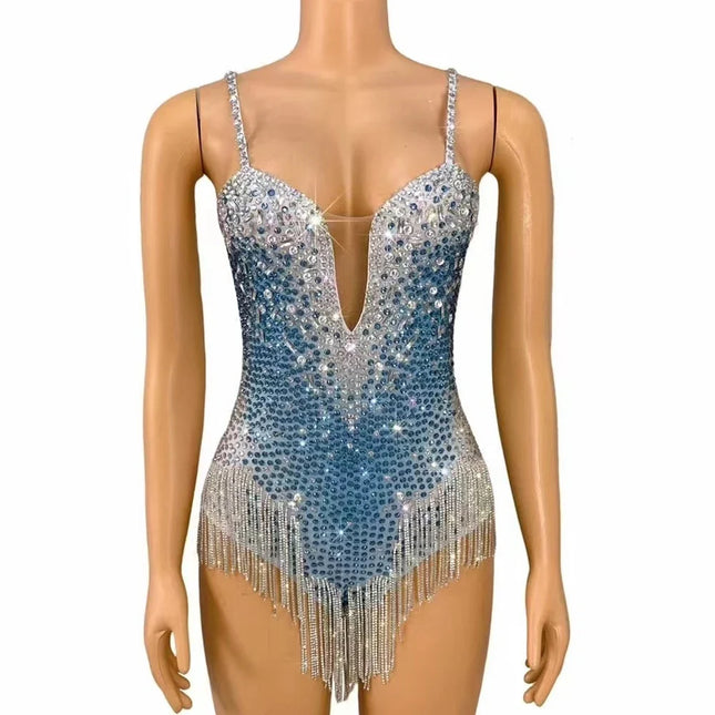 Rhinestone Fringe Bodysuit with Deep V Mesh Insert