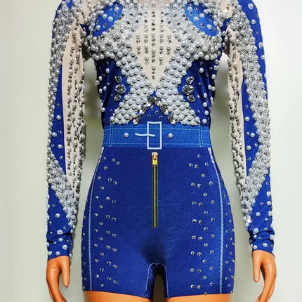 Royal Blue Pearl & Rhinestone Long Sleeve Romper Belted Stage Dance Costume