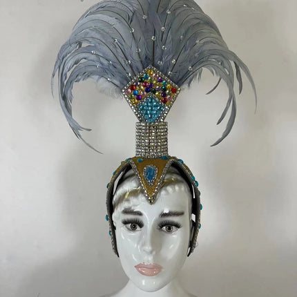 The Stardust Dionysia – Silver & Charcoal Feather Carnival & Masque Ball Headdress