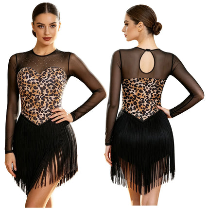 Leopard Rhinestone Fringe Latin Dance Bodysuit Mesh Long Sleeve Stage Performance Dress