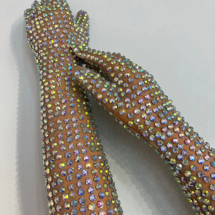 AB Rhinestone Sheer Mesh Long Opera Gloves Stage Performance Costume Accessory