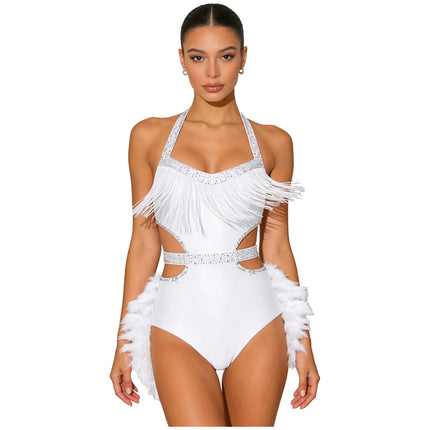 Glittery Rhinestone & Faux Feather Latin Dance Leotard Halter Bodysuit