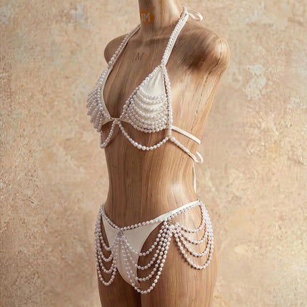 The Stardust Pearl Cascade 4-Piece Bikini – Luxury Pearl Body Chain Showgirl Set