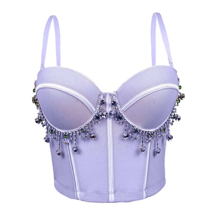 Mesh Bustier Corset Crop Top Diamond Embroidery Tassel Evening Party Bralette