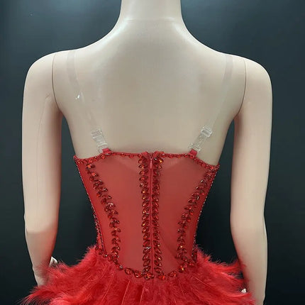 V-Neck Crystal Corset High-Low Feather Gown & Special Occasion Birthday Dress