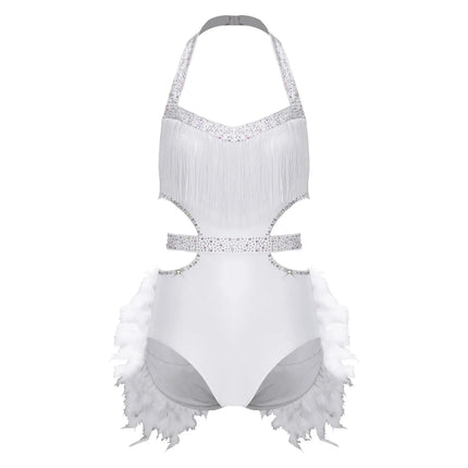 Glittery Rhinestone & Faux Feather Latin Dance Leotard Halter Bodysuit