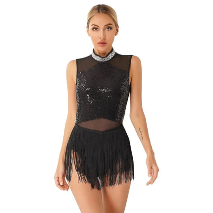 Women Sequins Diamond Latin Jazz Dance Costume Sleeveless Cutout Back Flowy Tassel Dress Leotard Tango Cha-Cha Samba Dancewear