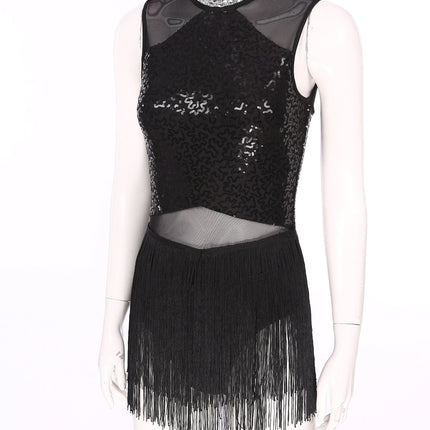 Women Sequins Diamond Latin Jazz Dance Costume Sleeveless Cutout Back Flowy Tassel Dress Leotard Tango Cha-Cha Samba Dancewear