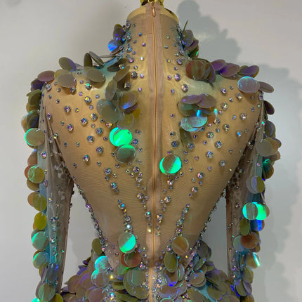 Iridescent Mermaid Scale Sequin & Rhinestone Illusion Bodysuit Stage Costume