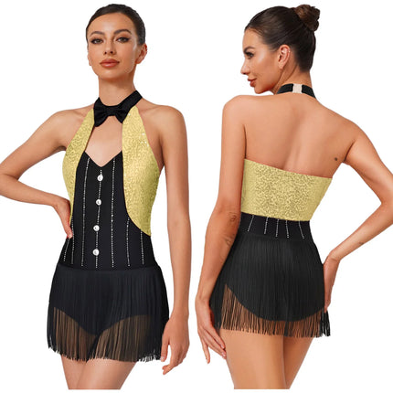 The Stardust Tuxedo Tassel Bodysuit – Luxury Sequins & Rhinestone Showgirl Leotard