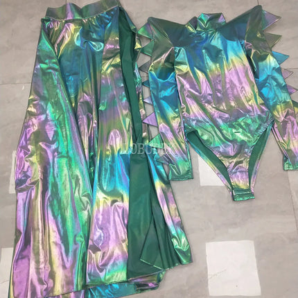Metallic Armor Bodysuit & Trailing Bustle Skirt 2-Piece Stage Performance Costume Set