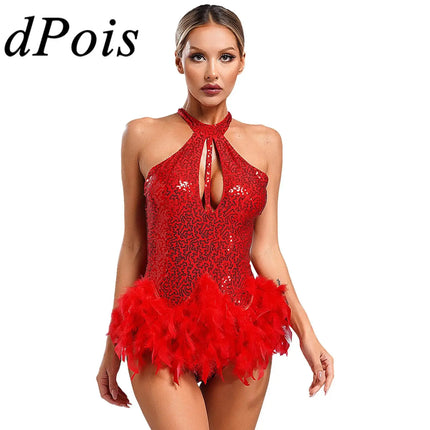 The Stardust Empress Royale – Sequined & Feathered Latin Dance Leotard Dress