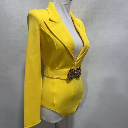 Women's Long Sleeve Blazer Bodysuit with Crystal Belt, V-Neck Zipper Stage & Concert Performance Costume