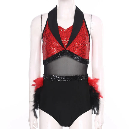 Women's Shiny Sequin Sheer Mesh Feather Latin Jazz Dance Bodysuit