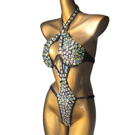 Cut-Out Rhinestone Bandage Performance Set – Shimmering Crystal Push-Up Costume & Open-Front Leotard Accent for Raves & GoGo Dancers