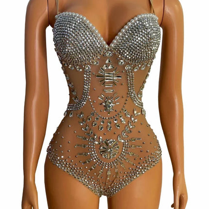 Sparkly Silver Crystal Rhinestone Mesh Leotard Stage Performance Costume