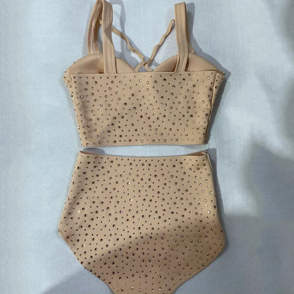Skin Tone High-Waist Rhinestone Bikini Shorts & Pole Dance Performance Outfit