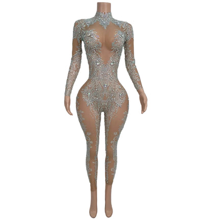 High Neck Crystal Appliqué Illusion Bodysuit