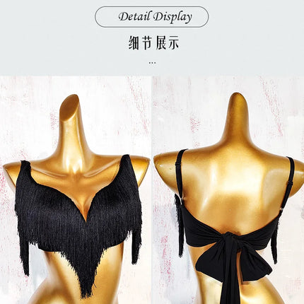 Black Latin Dance Fringe Camisole Top & High-Motion Practice Pants Set