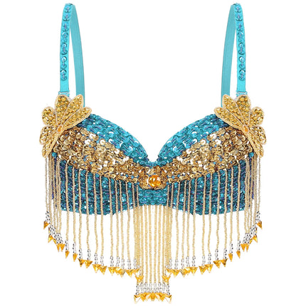 Sparkly Floral Beaded Sequin Belly Dance Bra & Tassel Performance Top