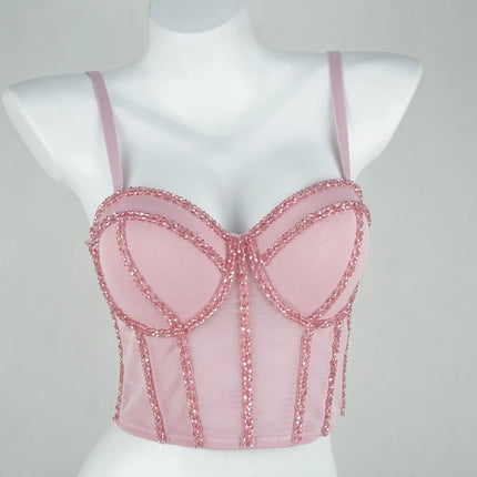 Pearl Beaded Bustier Corset Crop Top Push-Up Evening Party Camisole