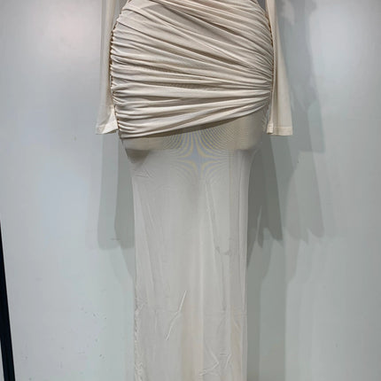 Ruched Mesh Draped Bodycon Maxi Dress Long Sleeve Illusion Evening Gown