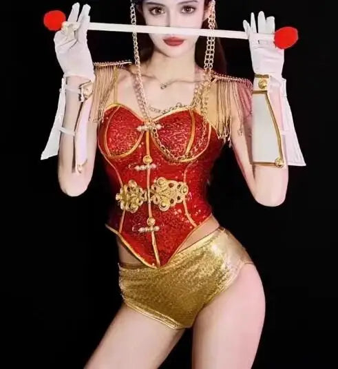 Luxury Rhinestone Performance Bodysuit Set – Shimmering Crystal Stage Costume for GoGo Dancers, Circus Performers & Rave Outfits