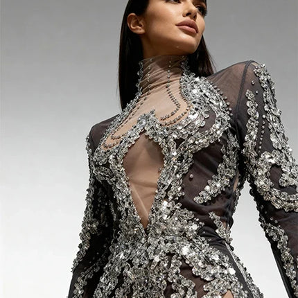 Sparkly Silver Rhinestone & Sequin Sheer Mesh Mini Dress Stage Costume