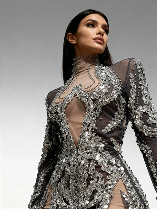 Sparkly Silver Rhinestone & Sequin Sheer Mesh Mini Dress Stage Costume