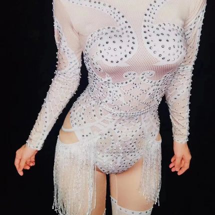 White Pearl & Crystal Rhinestone Bodysuit Sheer Mesh Leggings Illusion Stage Costume Set