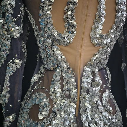Sparkly Silver Rhinestone & Sequin Sheer Mesh Mini Dress Stage Costume