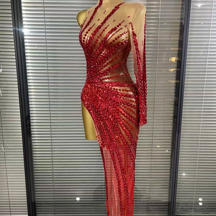 Gold Crystal Illusion Sweetheart Gown High-Slit Mermaid Train Evening Dress
