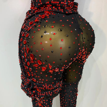 Crimson Diamond Rhinestone Catsuit Sheer Mesh Backless Jumpsuit Stage Costume