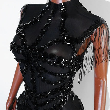 The Stardust Midnight Cabaret Bodysuit – Luxury Rhinestone & Mesh Showgirl Costume