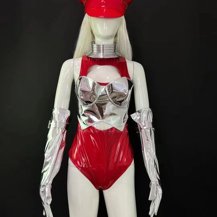Crimson Red & Laser Silver Foil Bodysuit, Gloves & Beret Hat Stage Dance Costume Set