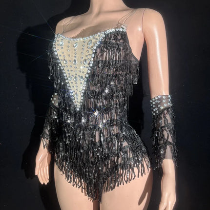 Sparkly Black Sequin & Rhinestone Tassel Bodysuit with Gloves Stage Costume
