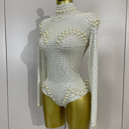Luxury Full Pearl Long-Sleeved Stage Bodysuit Leotard Evening Performance Costume