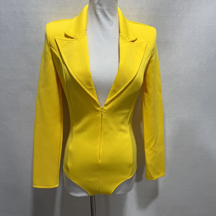 Women's Long Sleeve Blazer Bodysuit with Crystal Belt, V-Neck Zipper Stage & Concert Performance Costume