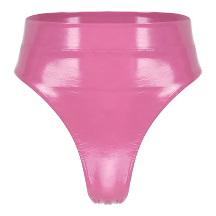 High-Waist Patent Leather Wet-Look Briefs with Adjustable Back Buckle Belt