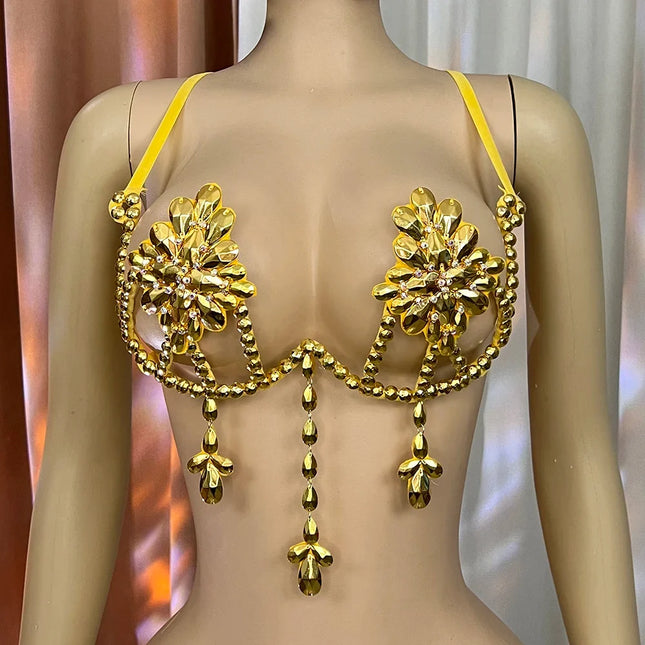 Sparkly Samba Carnival Stone Wire Bra Hand-Beaded Stage Costume Top
