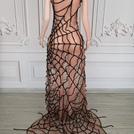 Dramatic Spider Web Crystal Mesh Floor-Length Sheath Dress Stage Costume