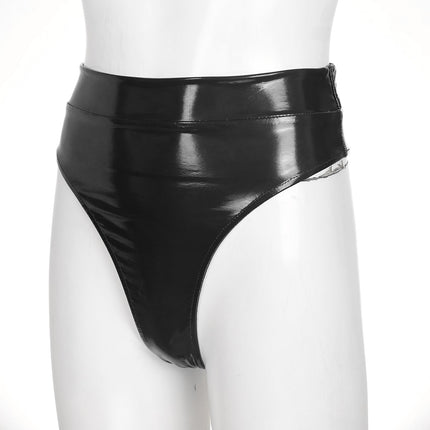 High-Waist Patent Leather Wet-Look Briefs with Adjustable Back Buckle Belt