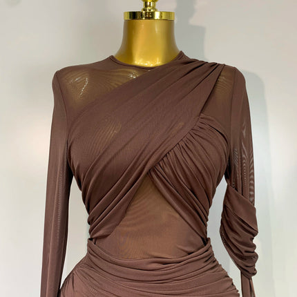 Ruched Mesh Draped Bodycon Maxi Dress Long Sleeve Illusion Evening Gown
